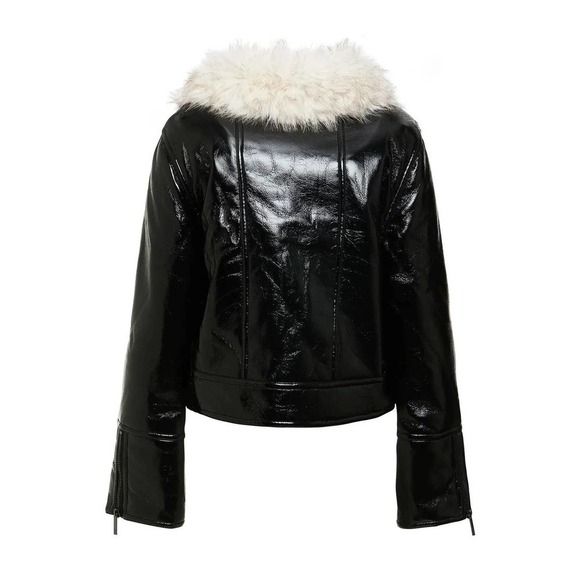 Unreal Fur Black Vegan Patent Leather Wet Look Aviator Jacket - Picture 7 of 7
